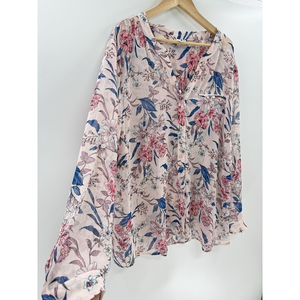 KUT From The Kloth Plus Size Pink Floral Roll Tab Blouse 3x Preppy Career Ofc - Picture 4 of 8